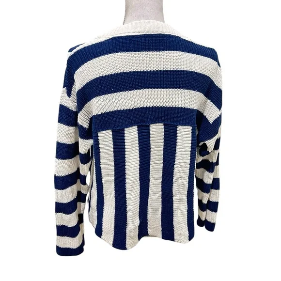 Free People navy Blue & Cream high Tide Striped Cardigan oversized cotton sz xs - Picture 11 of 14